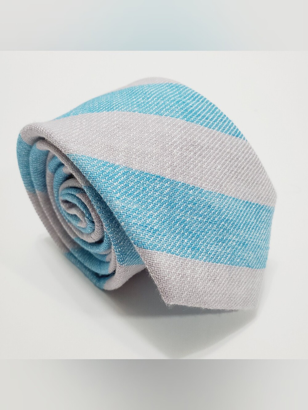 Sprezza Men's Linen Blend Neck Tie Blue & Silver Stripe Pattern Skinny
